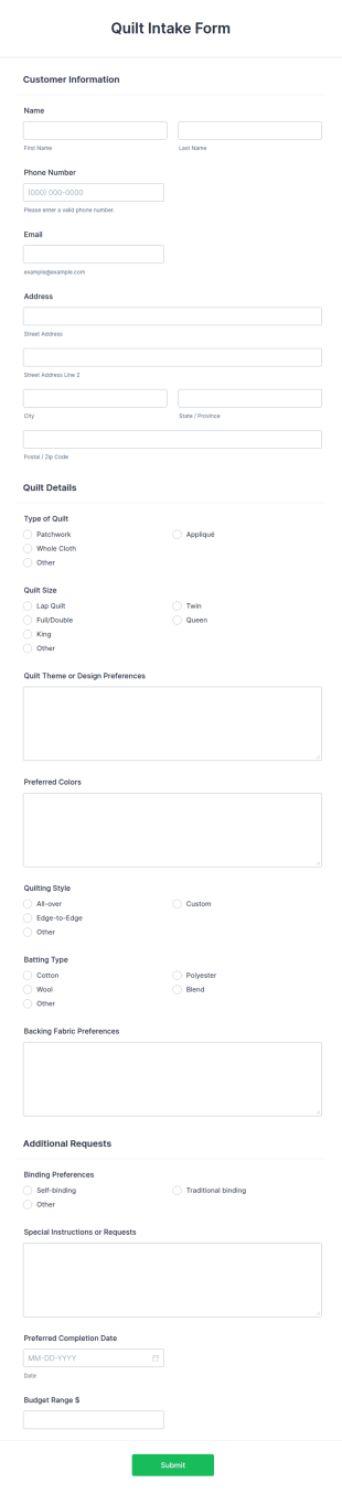 Quilt Intake Form Template