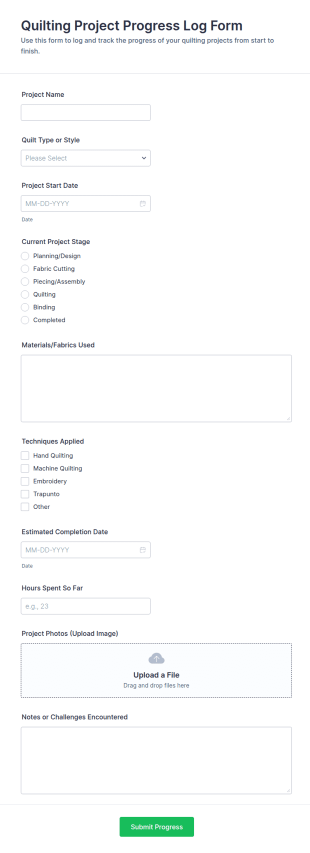 Quilting Project Progress Log Form Template