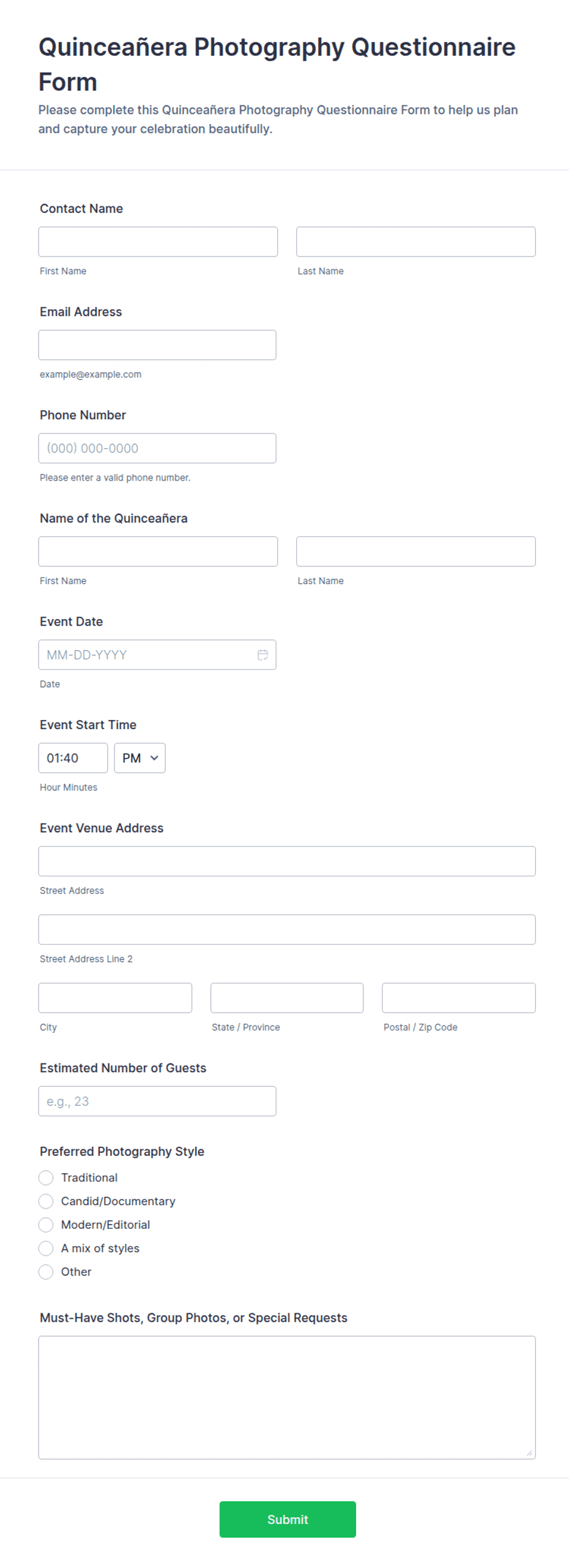 Quinceañera Photography Questionnaire Form Template | Jotform