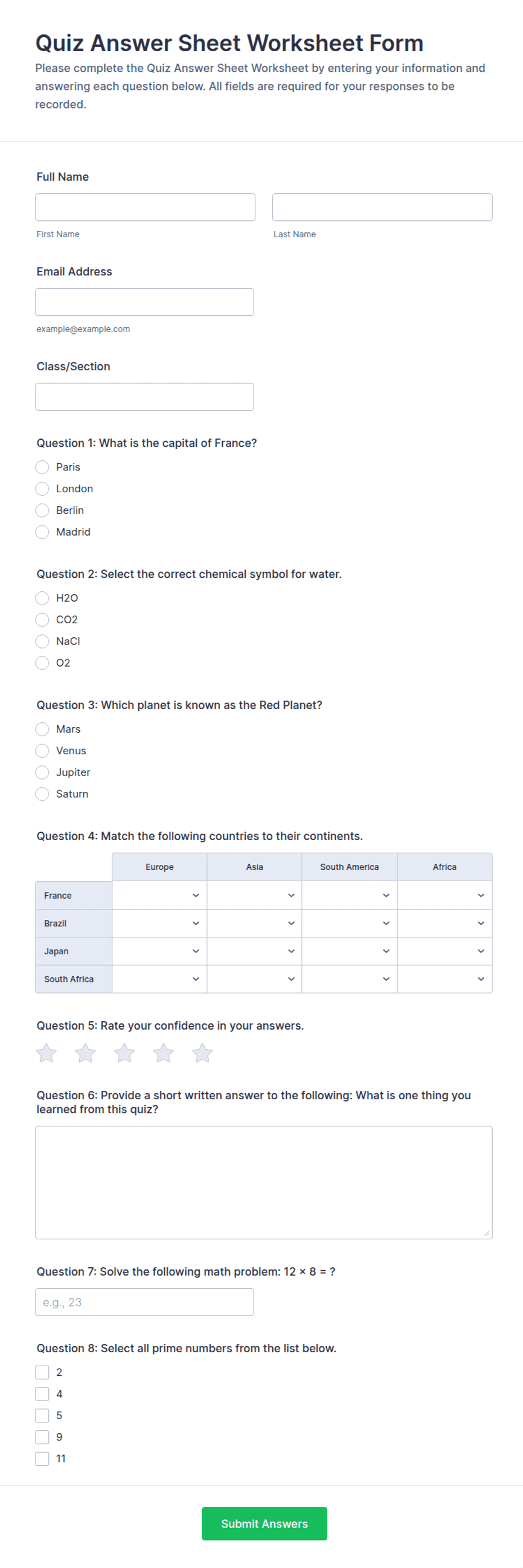 Quiz Answer Sheet Worksheet Form Template | Jotform