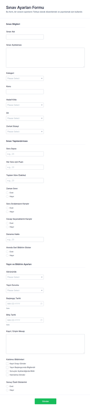 Quiz Ayarları Anketi Form Şablonu