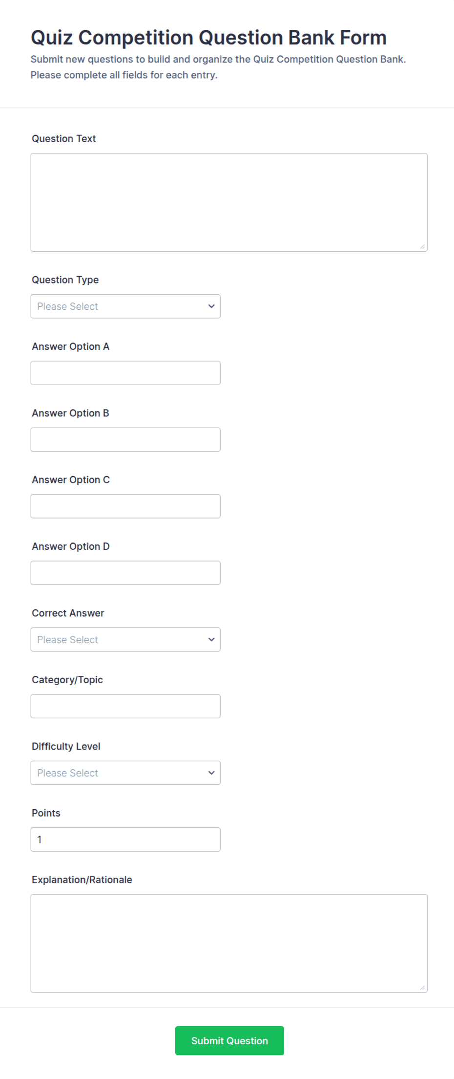 Quiz Competition Question Bank Form Template | Jotform