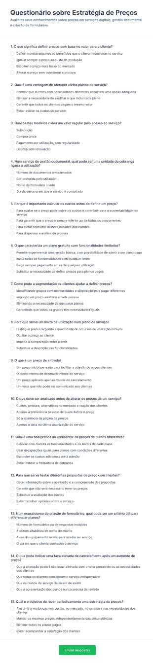 Quiz De Estratégia De Preços