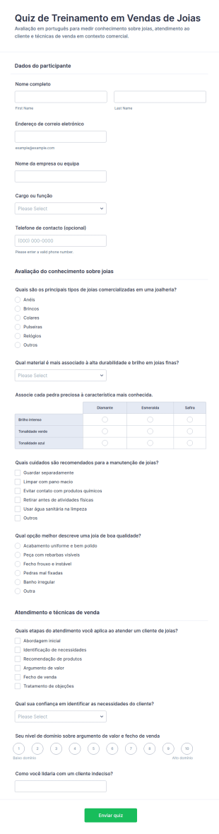 Quiz De Treinamento De Vendas De Joias