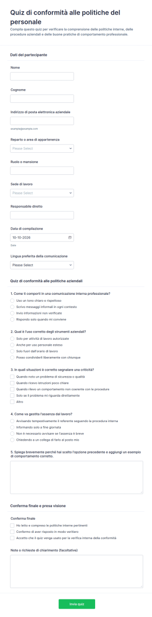 Quiz Di Conformità Alle Politiche Del Personale