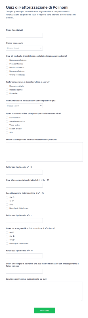 Quiz Di Fattorizzazione Dei Polinomi