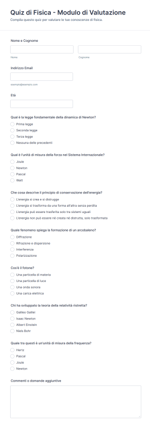 Quiz Di Fisica Modulo Di Valutazione