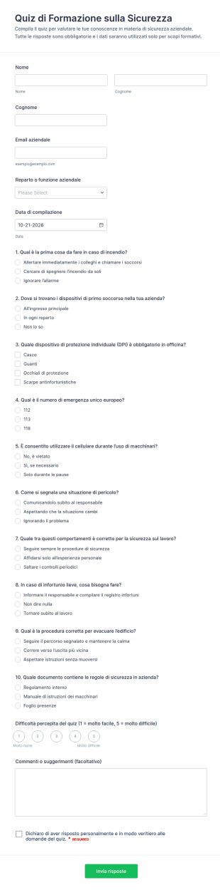 Quiz Di Formazione Sulla Sicurezza