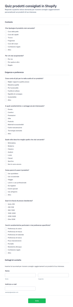 Quiz Di Raccomandazione Prodotti Per Shopify