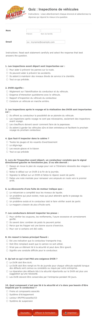 Quiz : Inspections De Véhicules Form Template