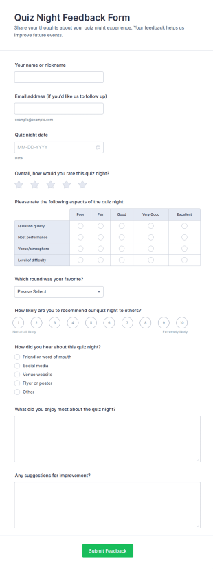 Quiz Night Feedback Form Template