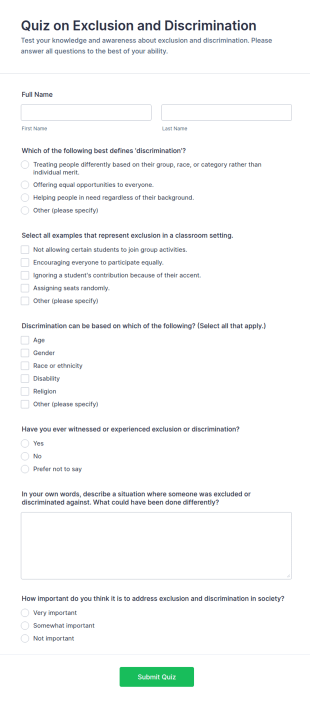 Quiz On Exclusion And Discrimination Form Template