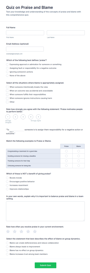 Praise And Blame Quiz Form Template