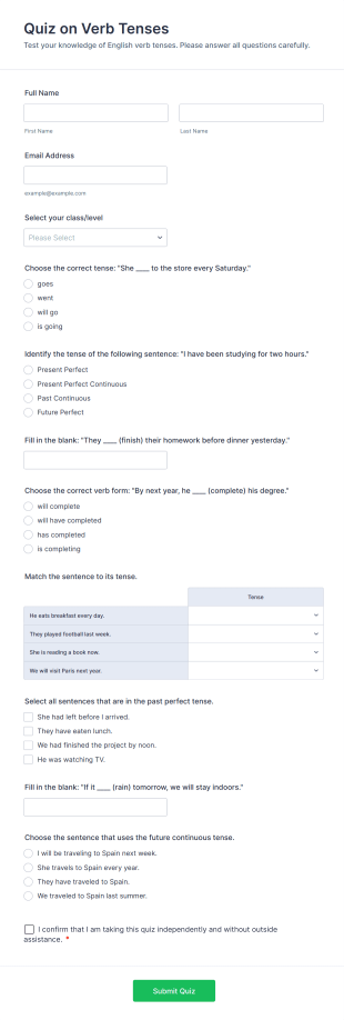 Quiz On Verb Tenses Form Template