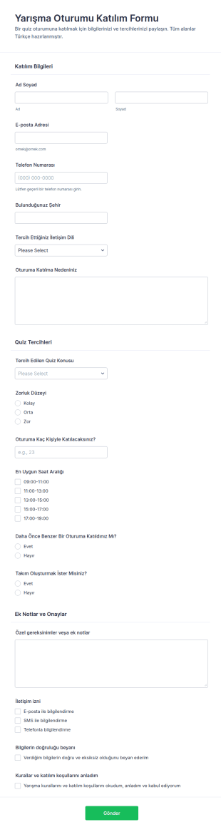 Quiz Oturumu Katılım Form Şablonu