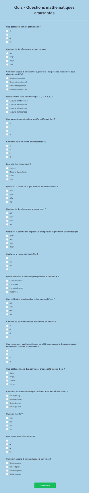 Quiz Questions Mathématiques Amusantes