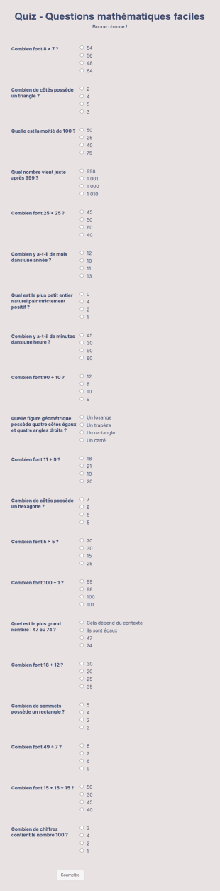Quiz Questions Mathématiques Faciles
