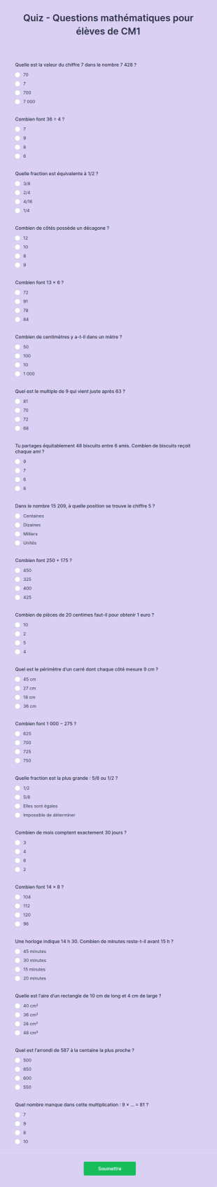Quiz Questions Mathématiques Pour élèves De CM1