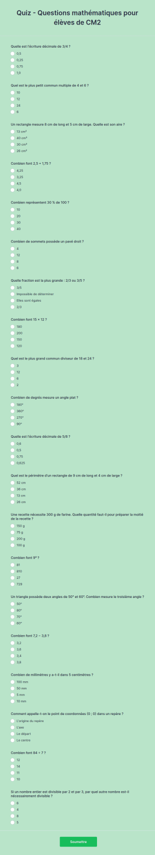 Quiz Questions Mathématiques Pour élèves De CM2