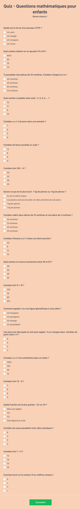 Quiz Questions Mathématiques Pour Enfants