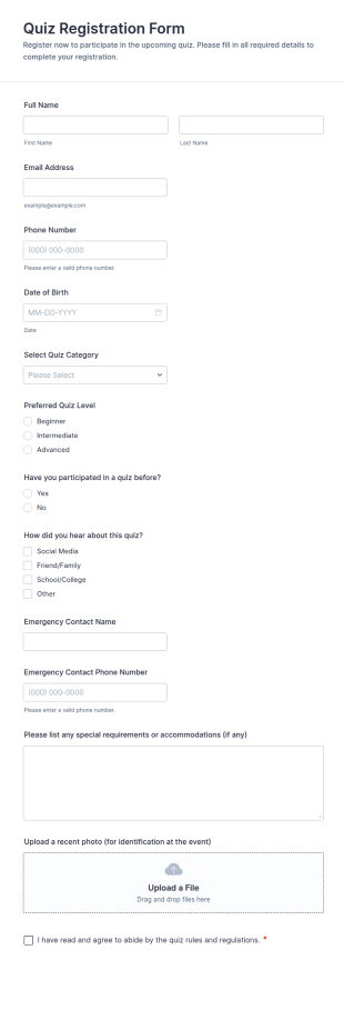 Quiz Registration Form Template