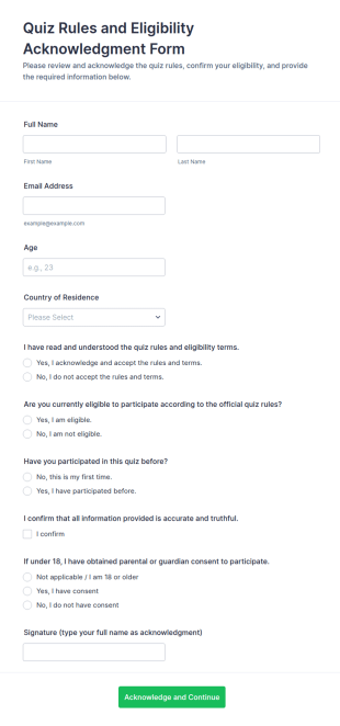 Quiz Rules And Eligibility Acknowledgment Form Template