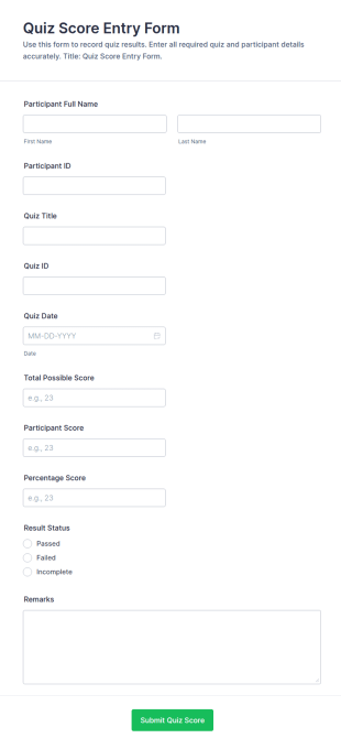 Quiz Score Entry Form Template
