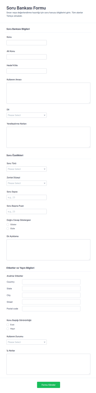 Quiz Soru Bankası Anketi Form Şablonu
