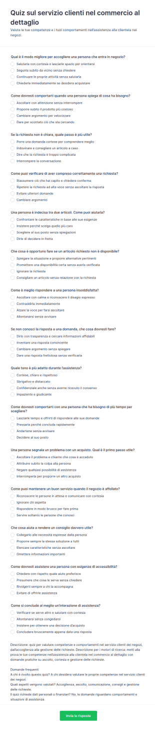 Quiz Sul Servizio Clienti Nel Commercio Al Dettaglio