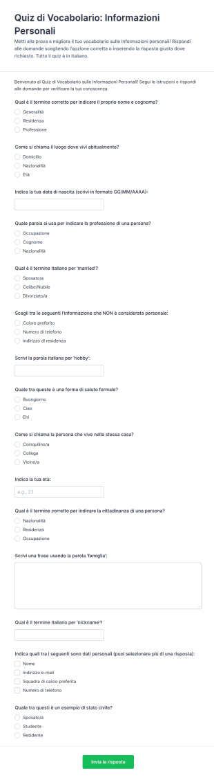 Quiz Sul Vocabolario Delle Informazioni Personali