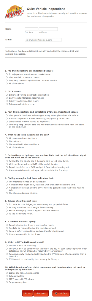 Vehicle Inspection Knowledge Quiz Form Template