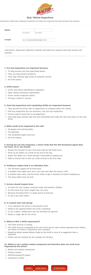 Vehicle Inspection Knowledge Quiz Form Template