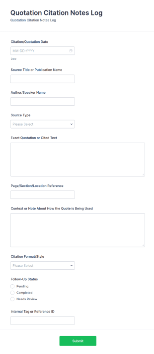Quotation Citation Notes Log Form Template