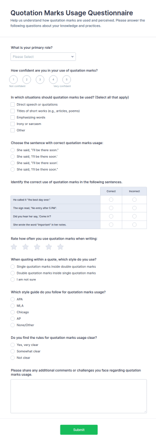 Quotation Marks Usage Questionnaire Form Template