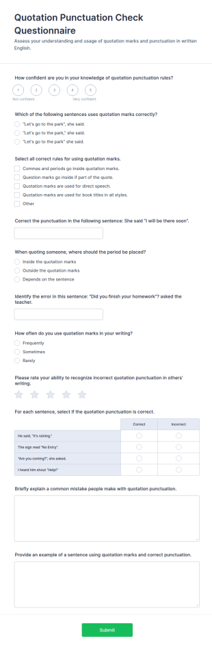 Quotation Punctuation Check Questionnaire Form Template