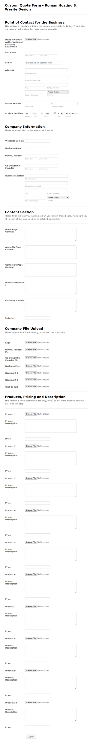 Website Design Quotes Form Template