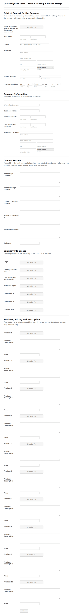 Website Design Quotes Form Template