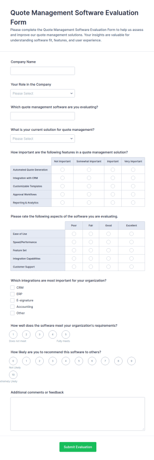 Quote Management Software Evaluation Form Template