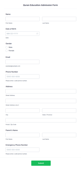 Quran Education Admission Form Template