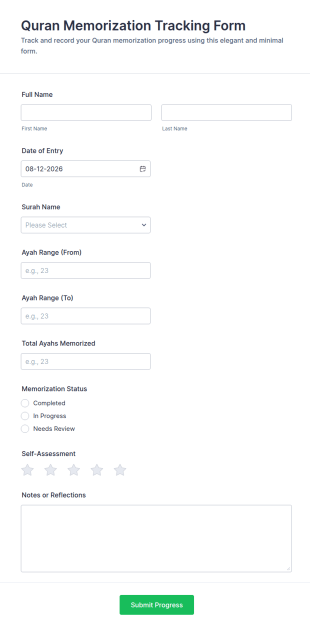 Quran Memorization Tracking Form Template