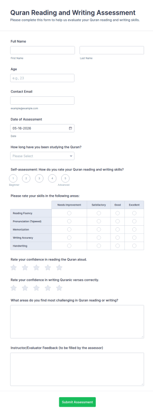 Quran Reading And Writing Assessment Form Template