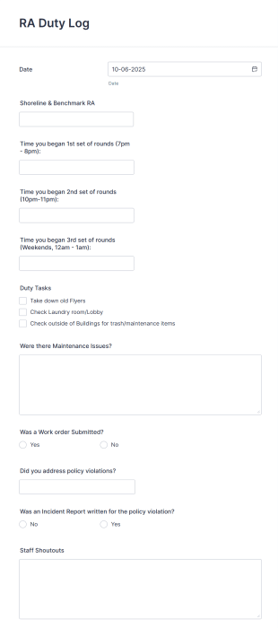 Duty Log Form Template