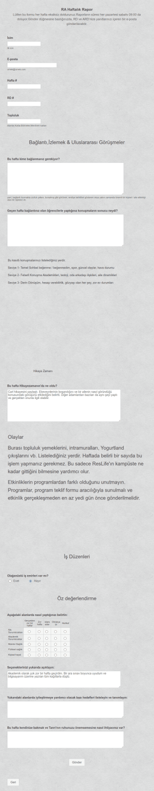 RA Haftalık Rapor Form Şablonu