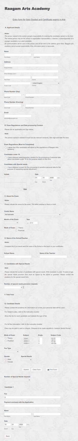 Arts Academy Entry Form Template