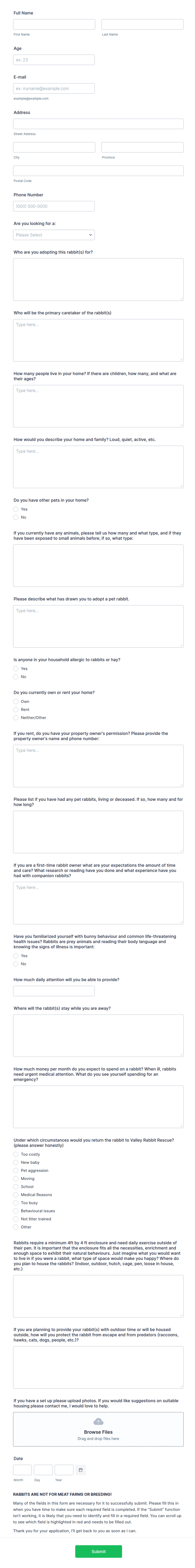 Rabbit Adoption Application Form Template | Jotform