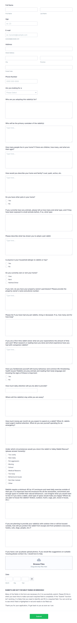 Rabbit Adoption Application Form Template