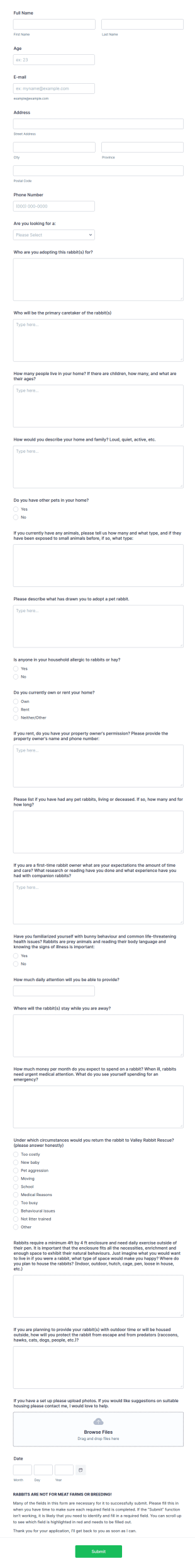 Rabbit Adoption Application Form Template
