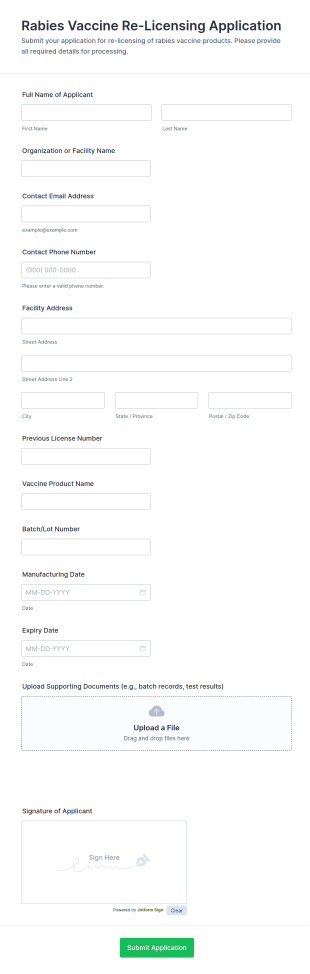 Rabies Vaccine Re Licensing Application Form Template
