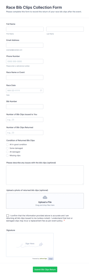 Race Bib Clips Collection Form Template