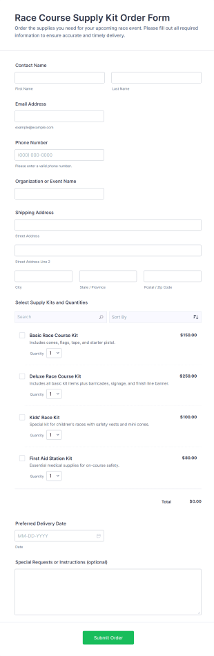 Race Course Supply Kit Order Form Template
